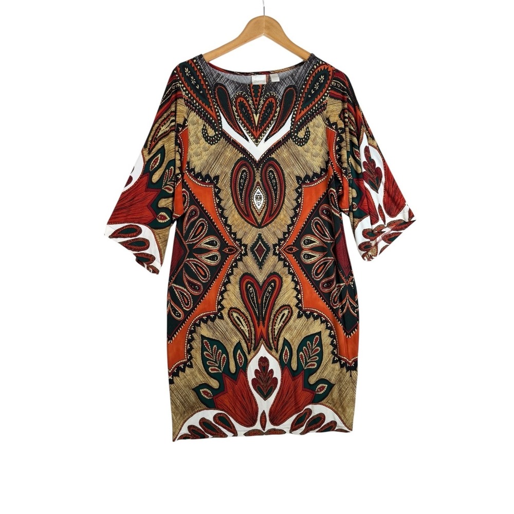 Chico's Bell Sleeve Paisley Print Shift Dress size‎ 1 (US M) Brown/Tan/Rust